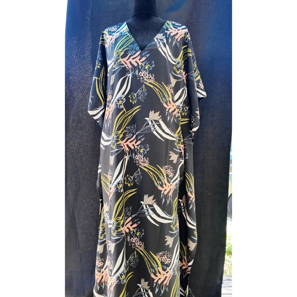 Miss Lavish London Kaftan Maxi Dress Black Tropical Floral V-Neck Resort Wear